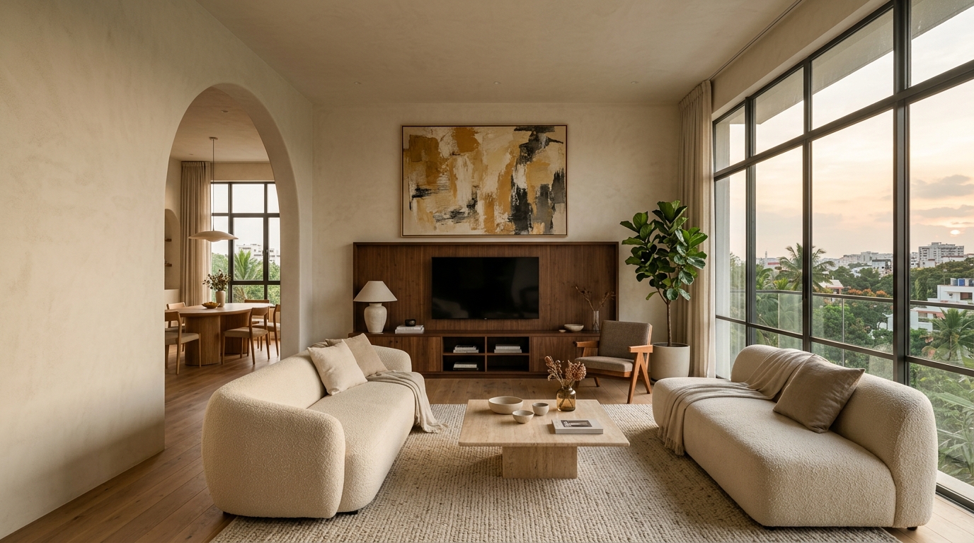 A cinematic, warm-lit modern Indian living room by Samora Spaces